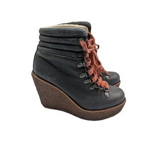 Philip Simon Hiker Heel Wedge Boots  Black Leather  Size: 5.5